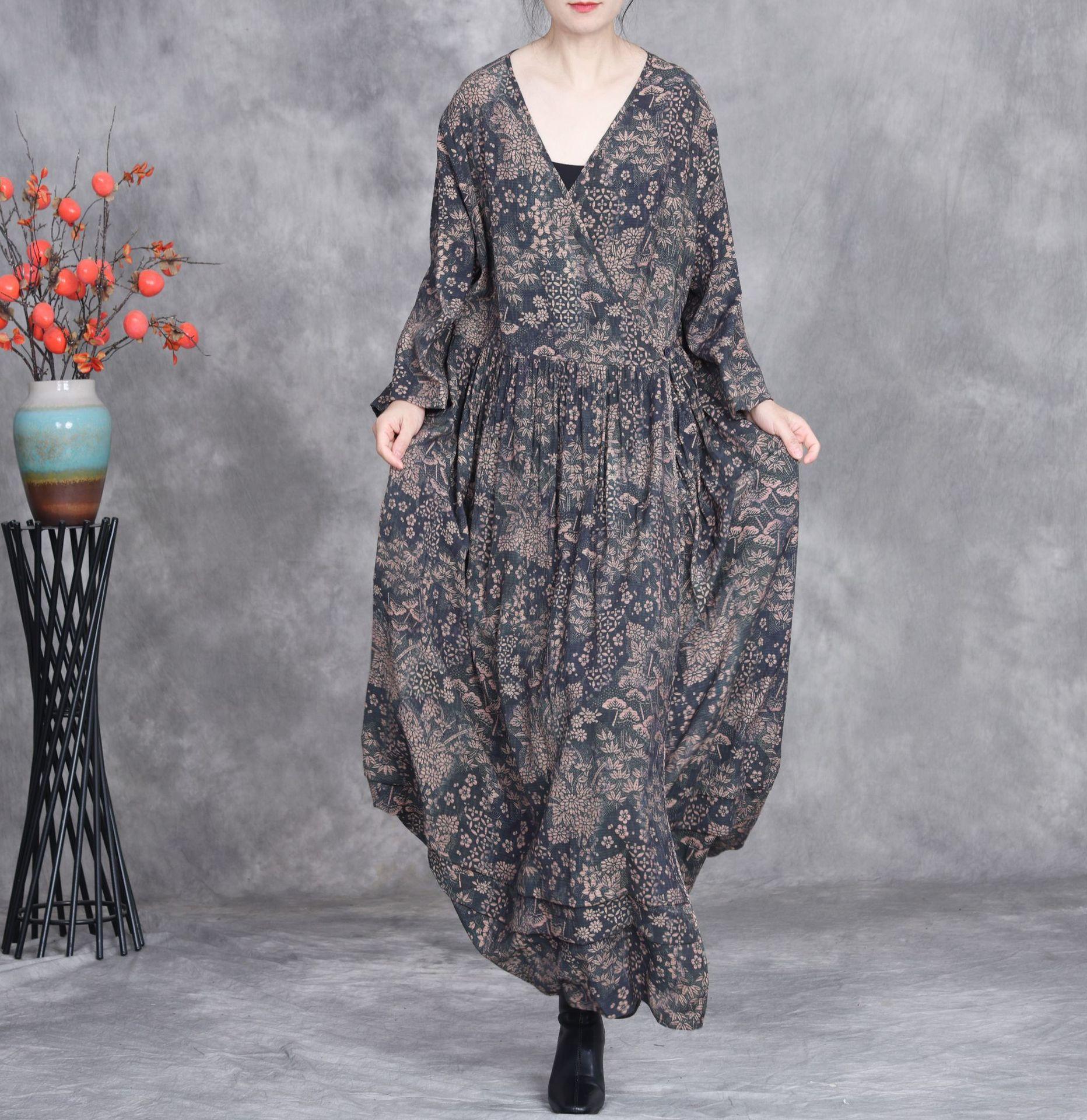 

Johnature Women Spring Print Floral Dress V-Neck Seven Sleeve Soft Loose Chinese Style Dresses For Women One Size