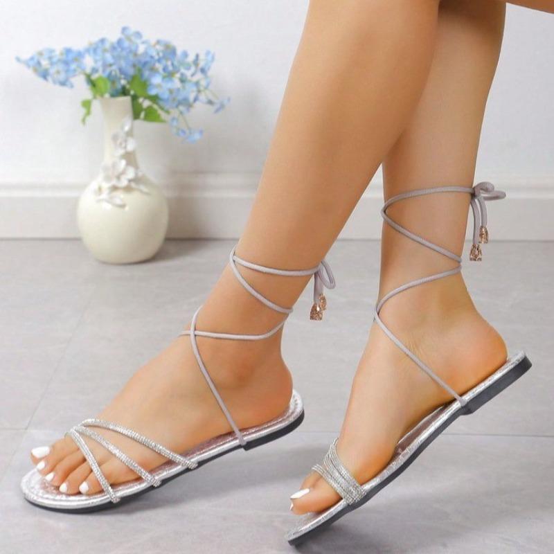 Fashion Summer New Sandals Fashion Round Head Open Toe Sequins Cross Thin Thin with Soft Soles Anti-slip Wear-resistant Strap Flat Shoes