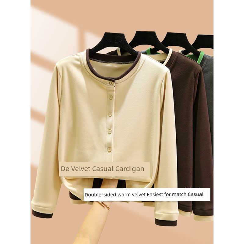 Double-sided Dralon Cardigan Top Long sleeve All-Matching Women Casual Age-Reducing Outerwear Loose Slimming round Neck Home Wear Top