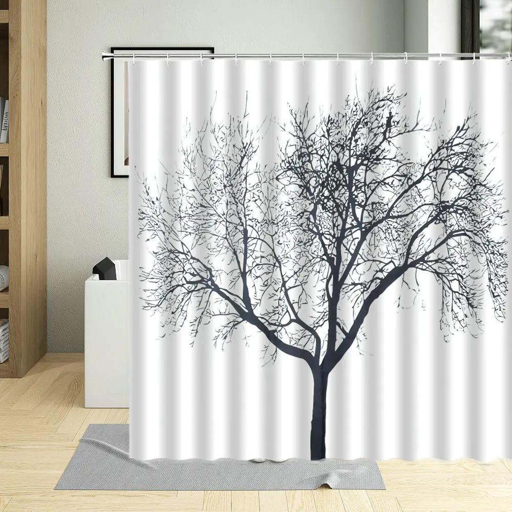 Autumn Tree Bicycle Fallen Leaves Scenery Shower Curtain Winter Forest Branch Leaf Watercolors Art Home Decor Bathroom Curtains