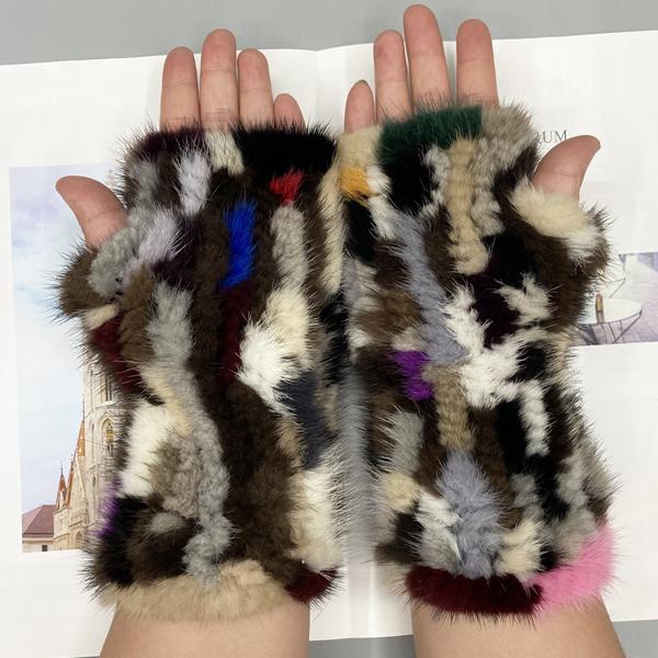 Winter Gloves for Women Natural Mink Fur Knitted Fingerless Solid Warm Elastic Gloves