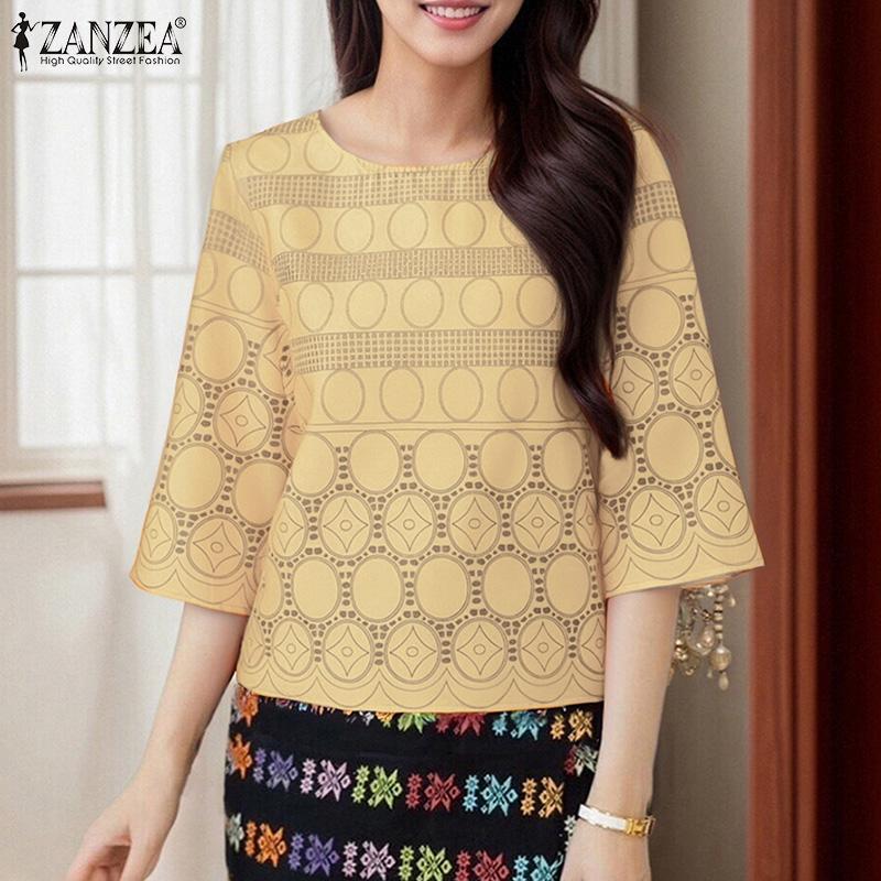 ZANZEA Women Casual Round Neck Summer 3/4 Sleeve Print Blouse