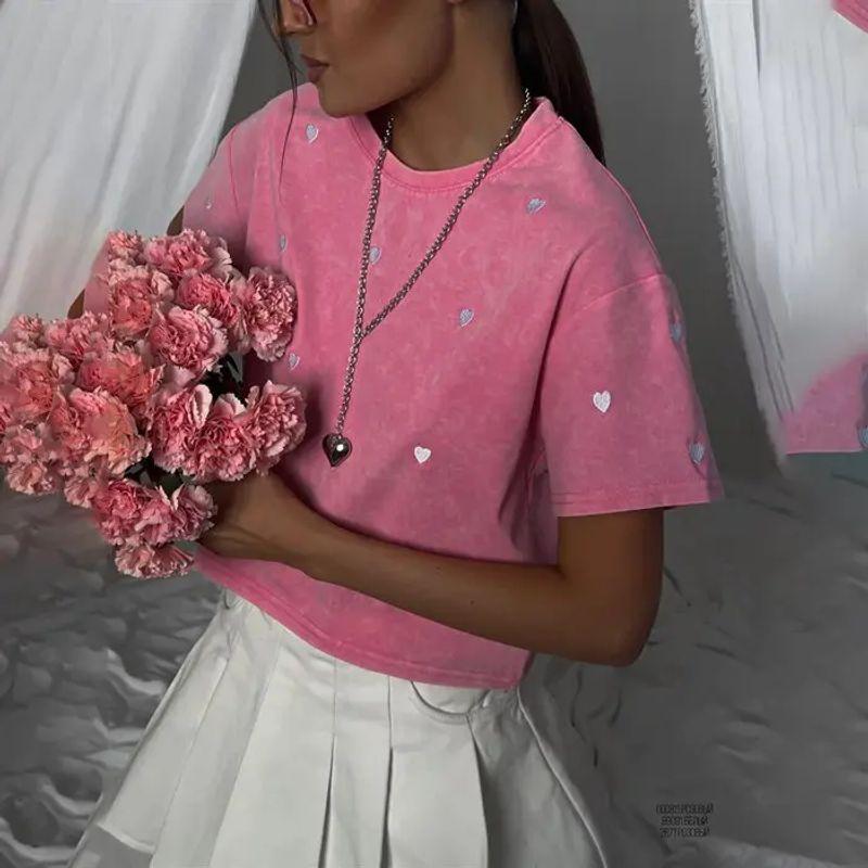 American-Style Love Embroidery Pink T-shirt Women Shoulder Summer Slim Fit Slimming Versatile Short Round Neck Short Sleeve T-shirt