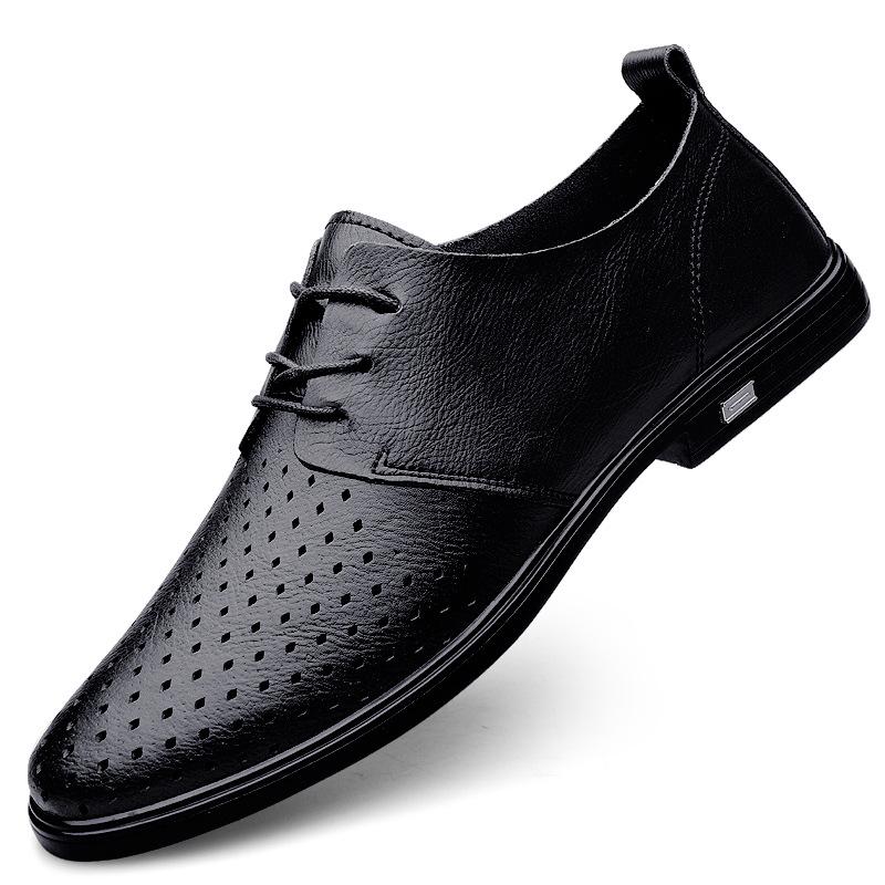 Men s Black Genuine Leather Breathable Casual Lace-Up Loafers with Soft Sole 42