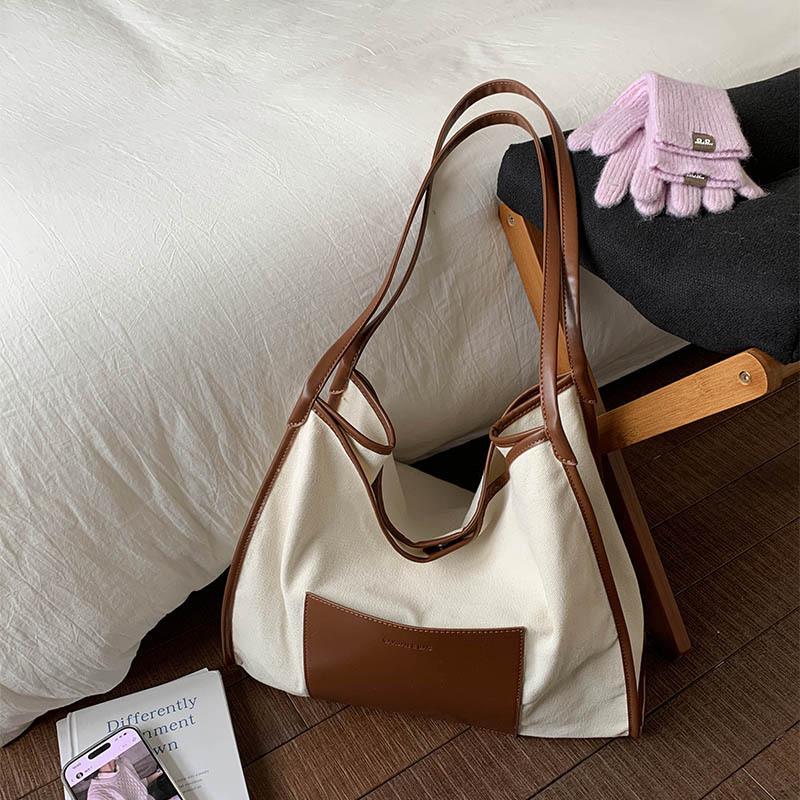 

Lazy wind fashion casual contrasting color canvas bag large capacity fashion shoulder shopping bag daily class tote bag коричневый