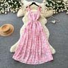 Holiday Style Printing Suspender Casual Sleeveless Dress Women's Summer Design Sense High Waist Waist Thin Long Dress Yellow
