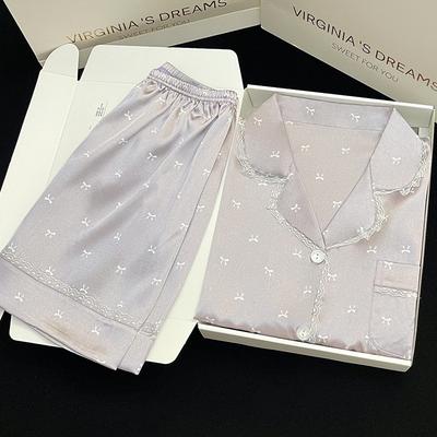 Niche Style Fresh Girl Ice Silk Pajamas Short Sleeves Thin High Value Bow Jacquard Loungewear