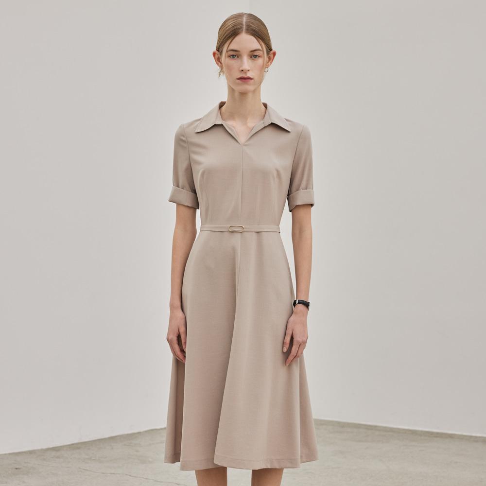 Hiikeu Belted Collar Flare Dress_Beige