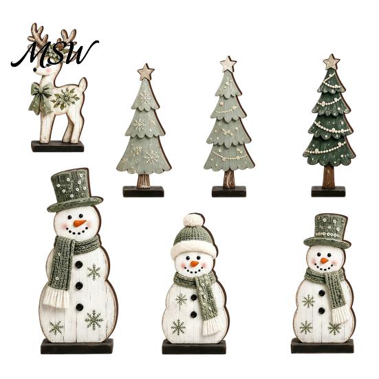 Festive Countertop Display Sets 7Pcs Christmas Wooden Tabletop Ornaments, Snowman Tree Reindeer Tiered Tray Decorative Figures Decor for Mantel,