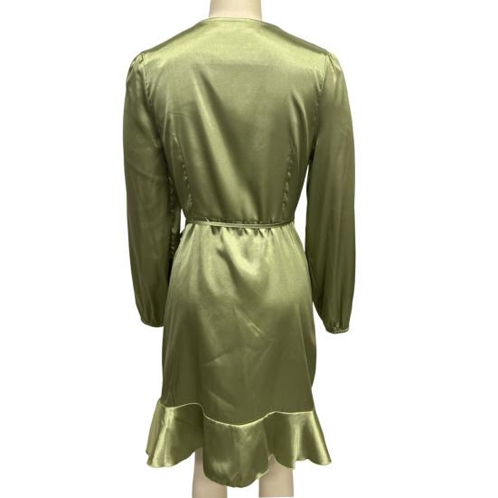 Women Mini Dress V-Neck Lantern Long Sleeve Side Lace-up Dress