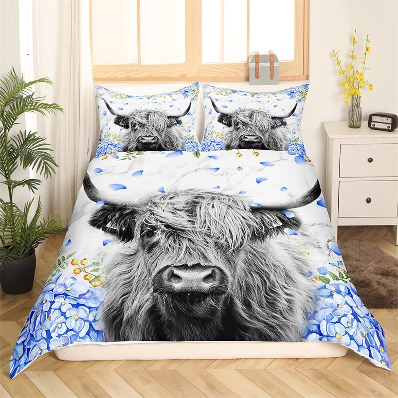 Highland Cow Duvet Cover Western Farm Animal Bedding Set Full King For Boys Girls Microfiber Floral Bull Cattle Comforter Cover