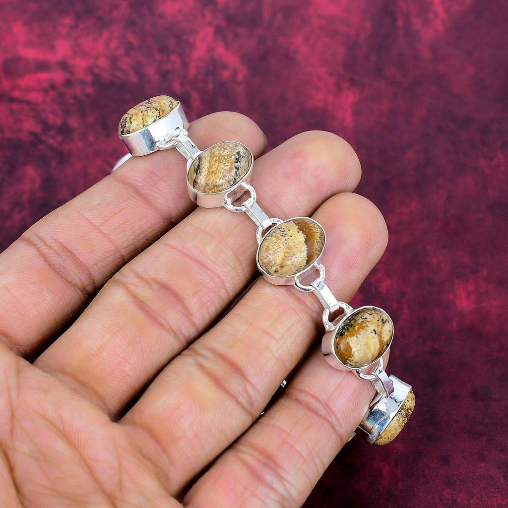 Obrázkový jaspis 925 Pevné striebro rýdzosti náramok, Ručne vyrobený náramok s drahokamami šperky, Darčeky pre manželku Úplne nový náramok