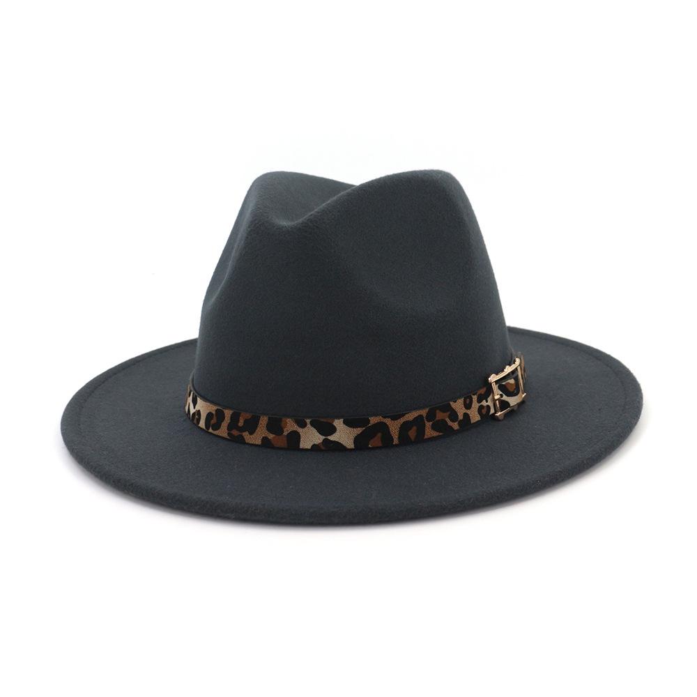 19 Color Women'S Wide Brim Felt Fedora Panama Hat With Leopard Belt Buckle Party Trilby Cowboy Hat Fashion Jazz Cap