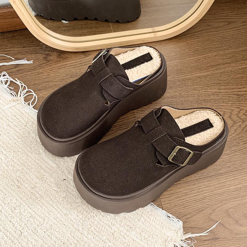 Suede Fluffy Slippers for Women To Wear New Winter Plush Thick-soled Bag Head To Keep Warm Half Slippers Are Fashionable