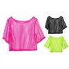 Women Fishnet T-Shirt Hollow Out Solid Color Loose Round Neck Three Quarter Sleeve Pullover See-through Nightclub Party Dance Top
