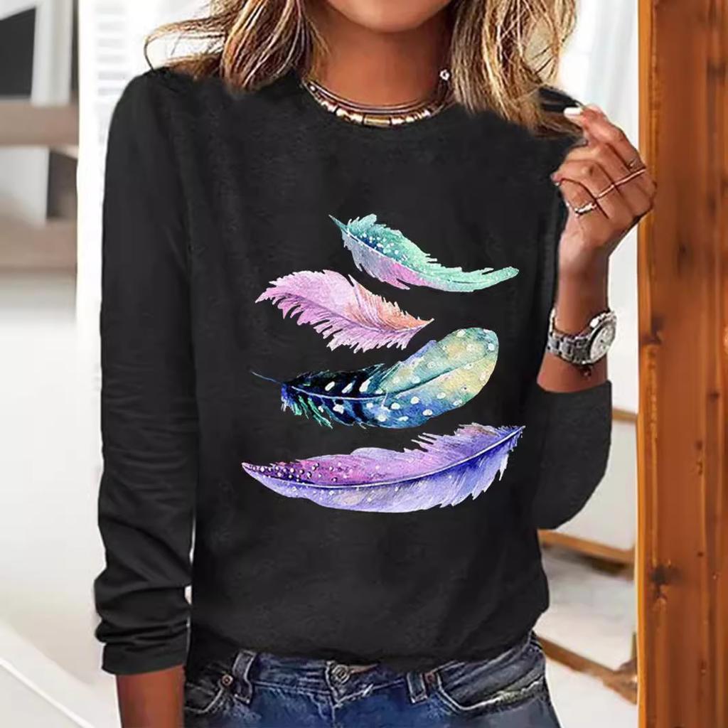 Autumn Feather Pattern Printed Long Sleeve Round Neck Top Women's T-shirts