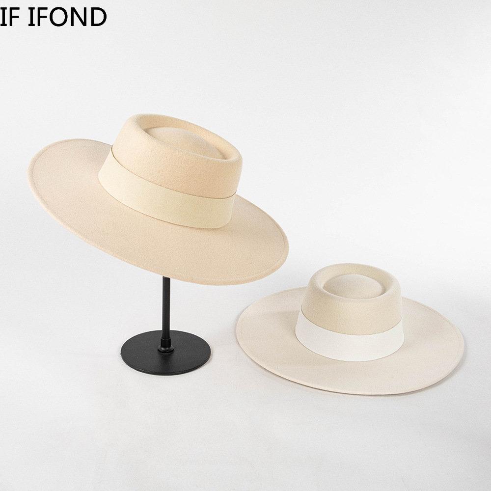 New Winter Warm Wool Fedora Hat  For Women 10CM Wide Brim Ladies Eelegant Wedding Hat Luxury Designer Church Hats