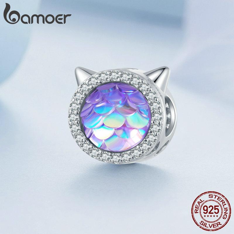 

BAMOER из стерлингового серебра 925 пробы, фиолетовая смола, кошачья голова и рыбья чешуя, аксессуары из бисера, подвески для женщин, браслет и браслет 925 silver