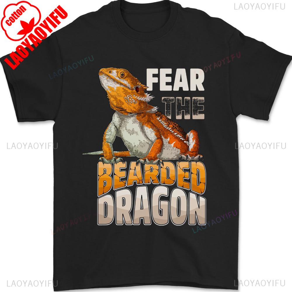 Fear The Bearded Dragon Mens TShirt  Retro Reptile Graphic Streetwear Cotton Tee Humorous Animal Print Casual Top