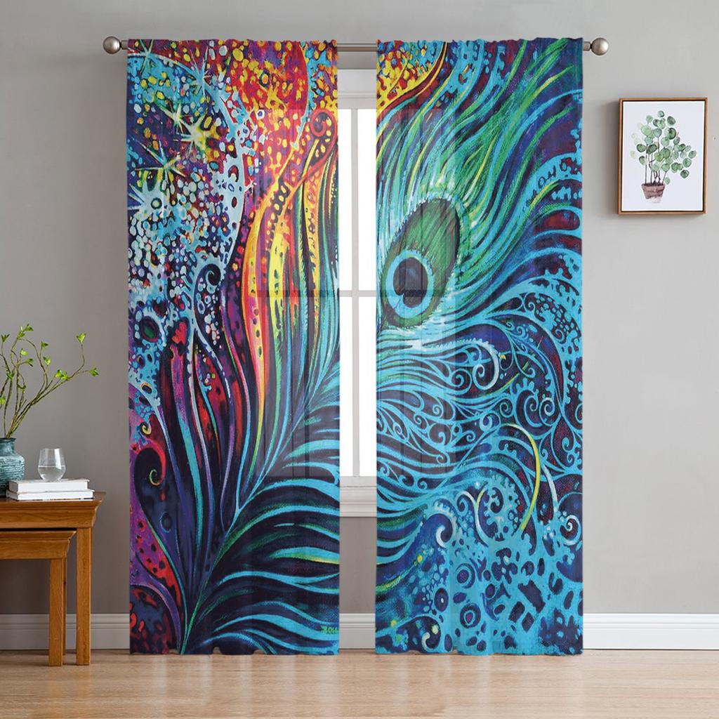 Peacock Feathers Green Curtain Window Tulle For Living Room Bedroom Kitchen Chiffon Sheer Window Treatment Decorations