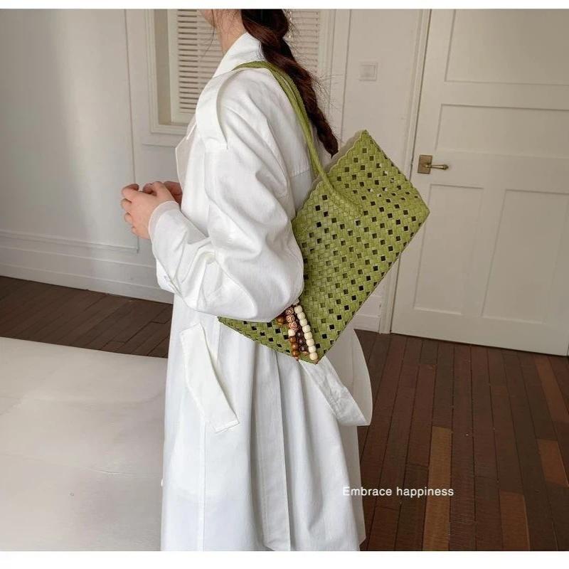 Foldable Women Hollow Woven Tote Bag Large Capacity Casual Shoulder Handbag for Travel Beach Grocery Shopping