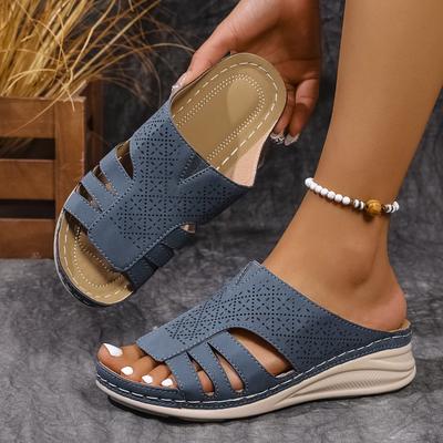 Damen T-Riemen Keilsandalen, Dicke Sohle mit Ziernähten und Hohldesign, Sommerliche Freizeit-Slipper, Weite Größe