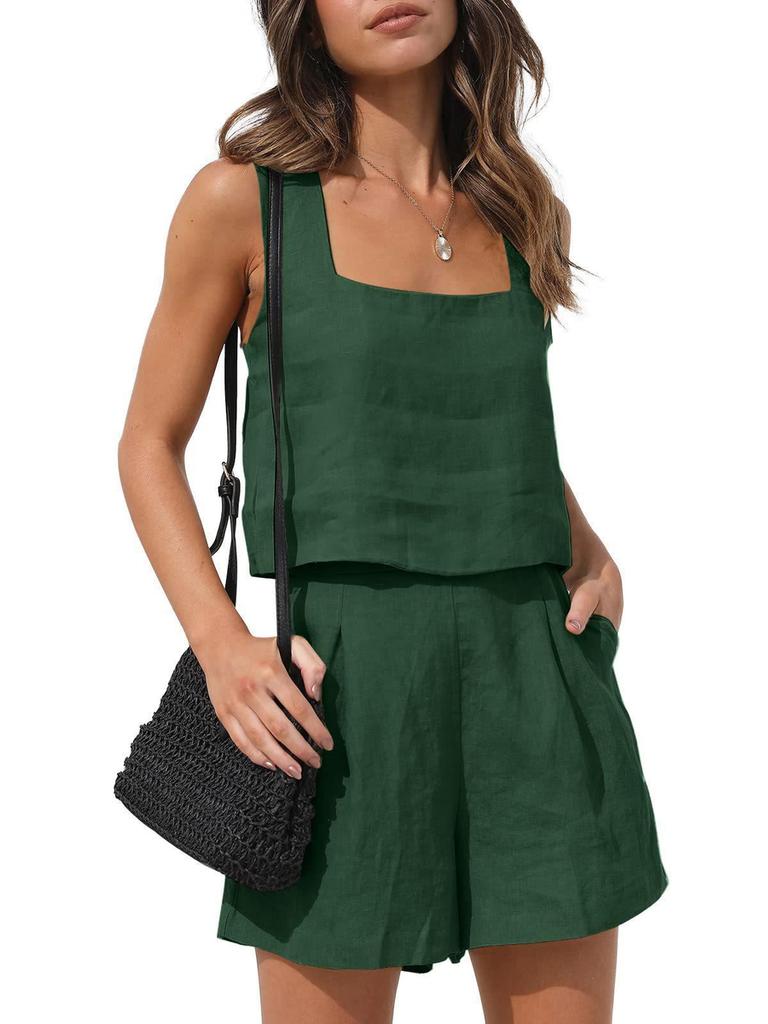 New Women's Outwear Set Linen Shorts Sleeveless Top Vest