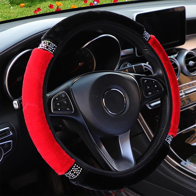 Universal 37-38cm Diameter Soft Plush Rhinestone Car Steering Wheel Cover Interior Accessories Black Pink Car Steering Cover