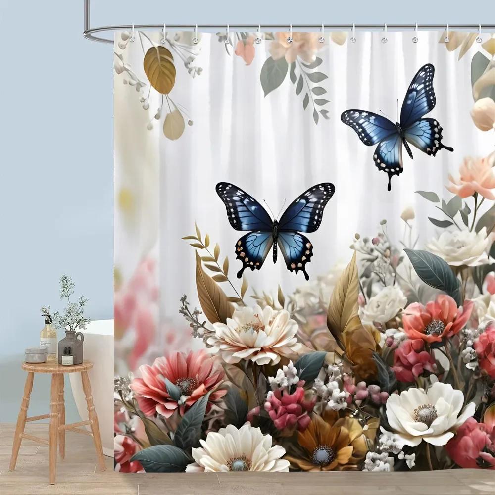 Hübscher Blumiger Duschvorhang Blühende Blume Schmetterling Lotus Polyesterstoff Heim-Duschvorhänge Badezimmer Dekoration Mit Haken