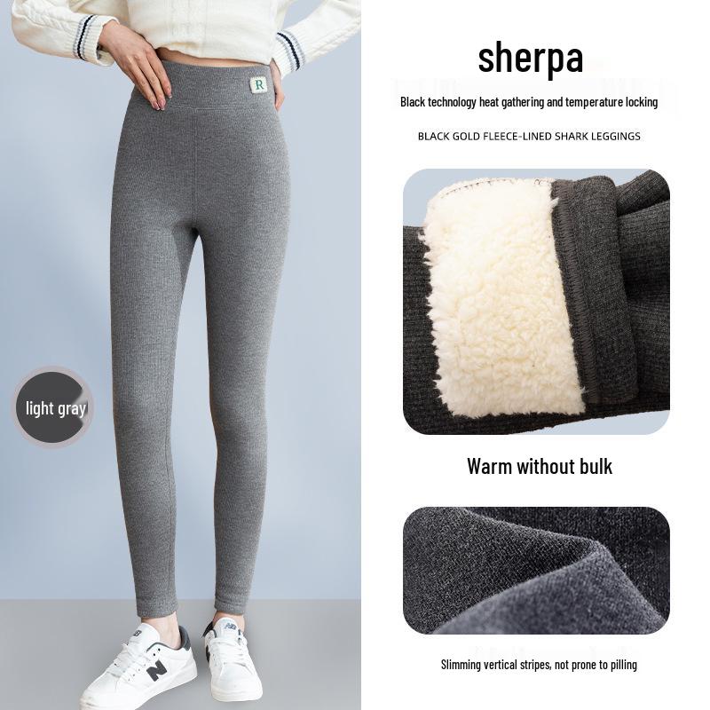 Women's High Waist Fleece-Lined Ribbed Leggings - Warm, Comfortable, Cotton, for Autumn and Winter Wear, Nine-Point Length.