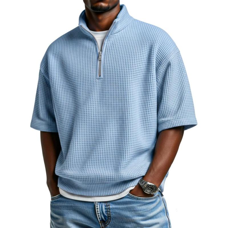 Mens Casual Waffle Knit Half Zip Stand Collar Short Sleeve T Shirt S