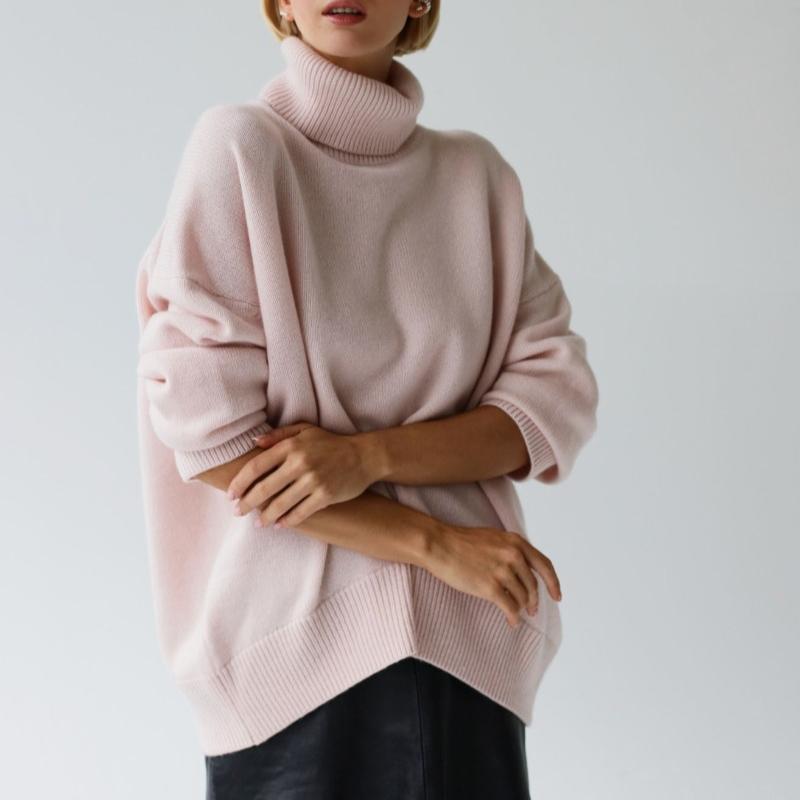 

Осенний новый длинный рукав однотонный повседневный вязаный свитер женский зимний толстый свободный свитер с высоким воротом свитера женские модные свободные трикотажные изделия джемпер 24913 L розовый