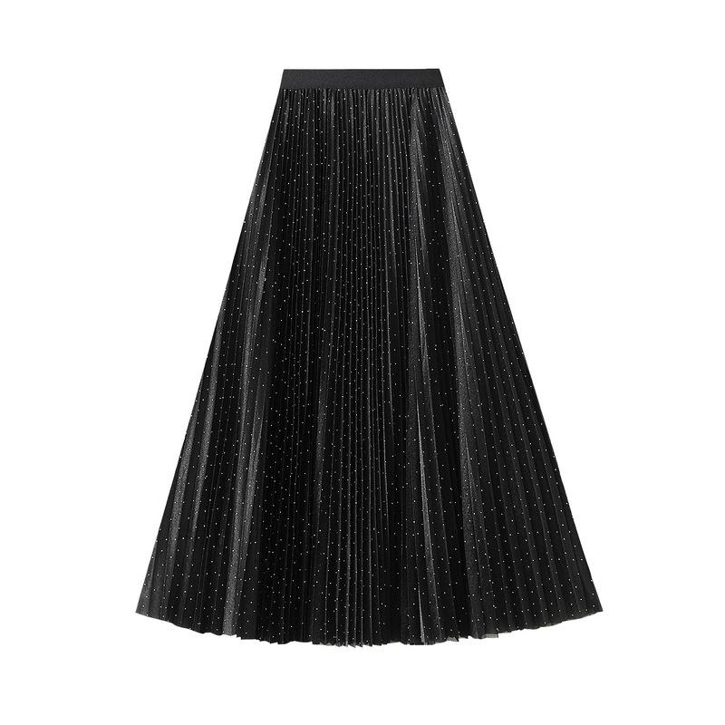 

Qooth Beaded Mesh Skirt Elastic Waist A-Line Pleated Skirt Mid Length Tulle Skirt QT2766 One Size