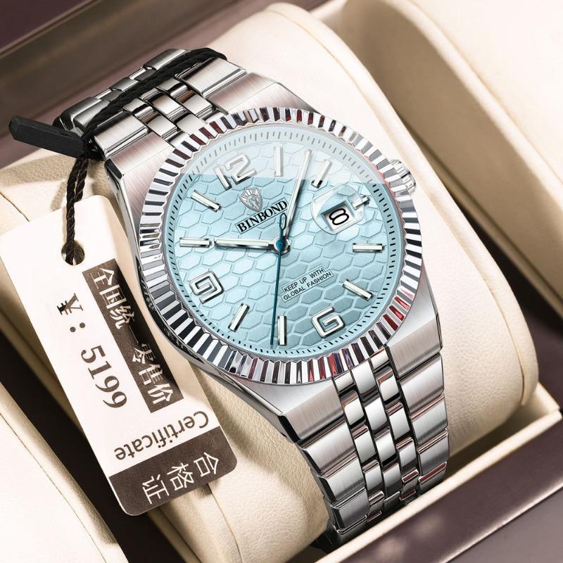 Orologio da uomo Binbang impermeabile luminoso con cinturino in acciaio, quadrante moda, orologio al quarzo