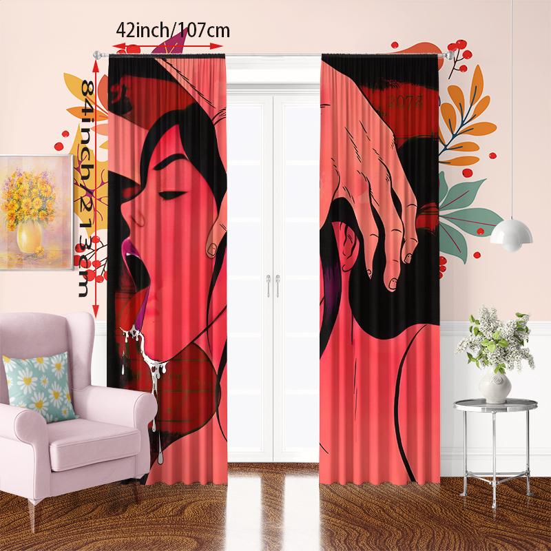 2pcs- Women with Milk Print Curtain - Polyester - Suitable for Bedroom, Living Room, Study, Private Space (customizable)
