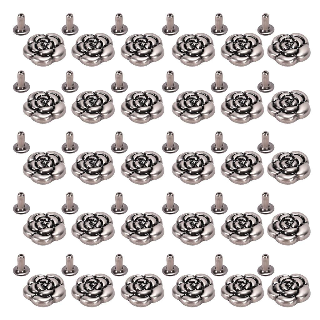 30 Sets Decorative Rivets Antique Silver 14mm Camellia Flower Stud and 3x7mm Iron Trumpet Base for Leather Crafts and