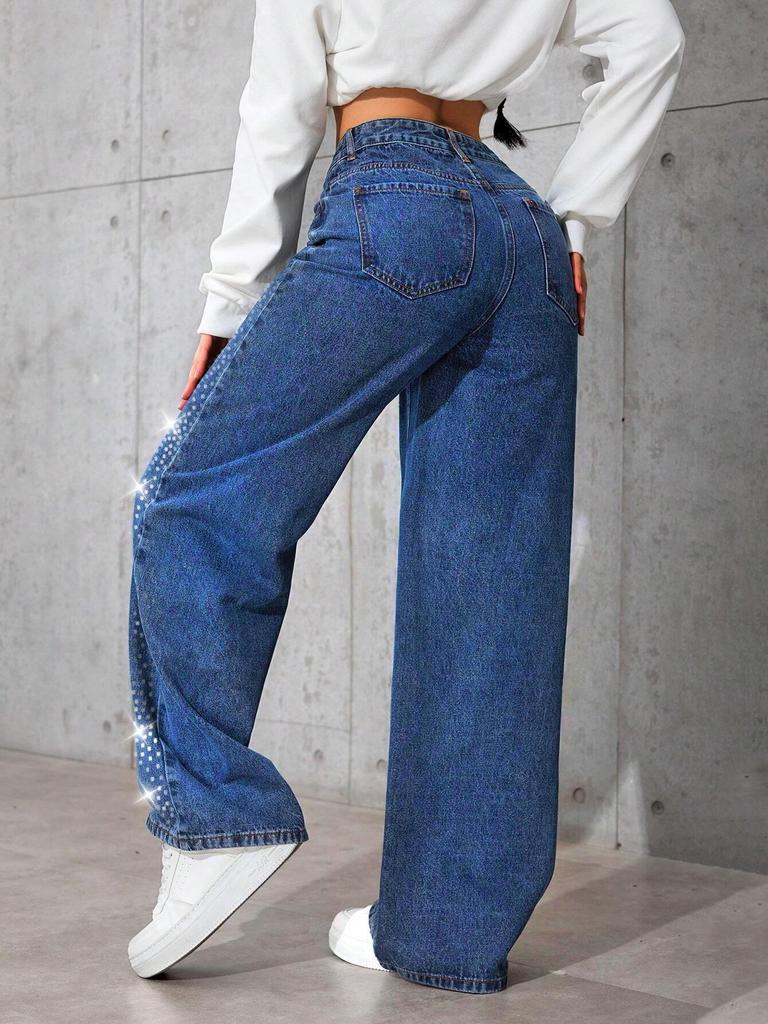 2025 Retro Blue Denim Jeans Women: Autumn/Winter New Style, Rhinestone Butterfly, Loose Straight Leg