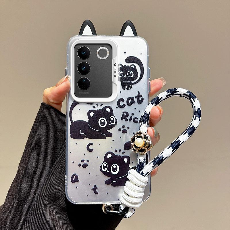 KEYSION Cute Ear Cartoon Case for VIVO V27 5G with Lanyard Soft Silicone+PC Shockproof Phone Back Cover for VIVO V27 5G