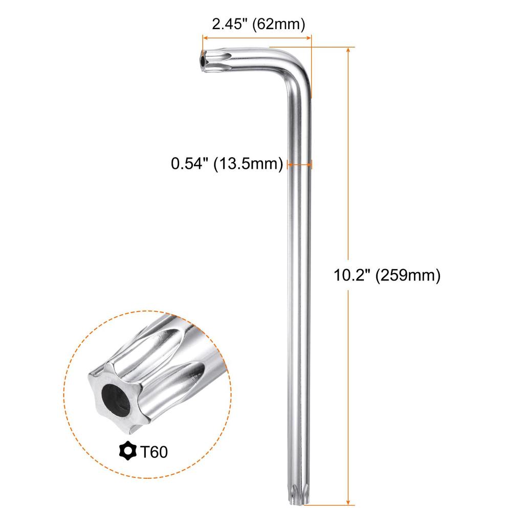 Uxcell T60 Torx Starkey 259mm Long Arm S2 Hand Tool for Automotive and Home Repairs 2-Piece Tamper-Proof Wrench, / 10.2" L-Shaped 6-Point Wrench,