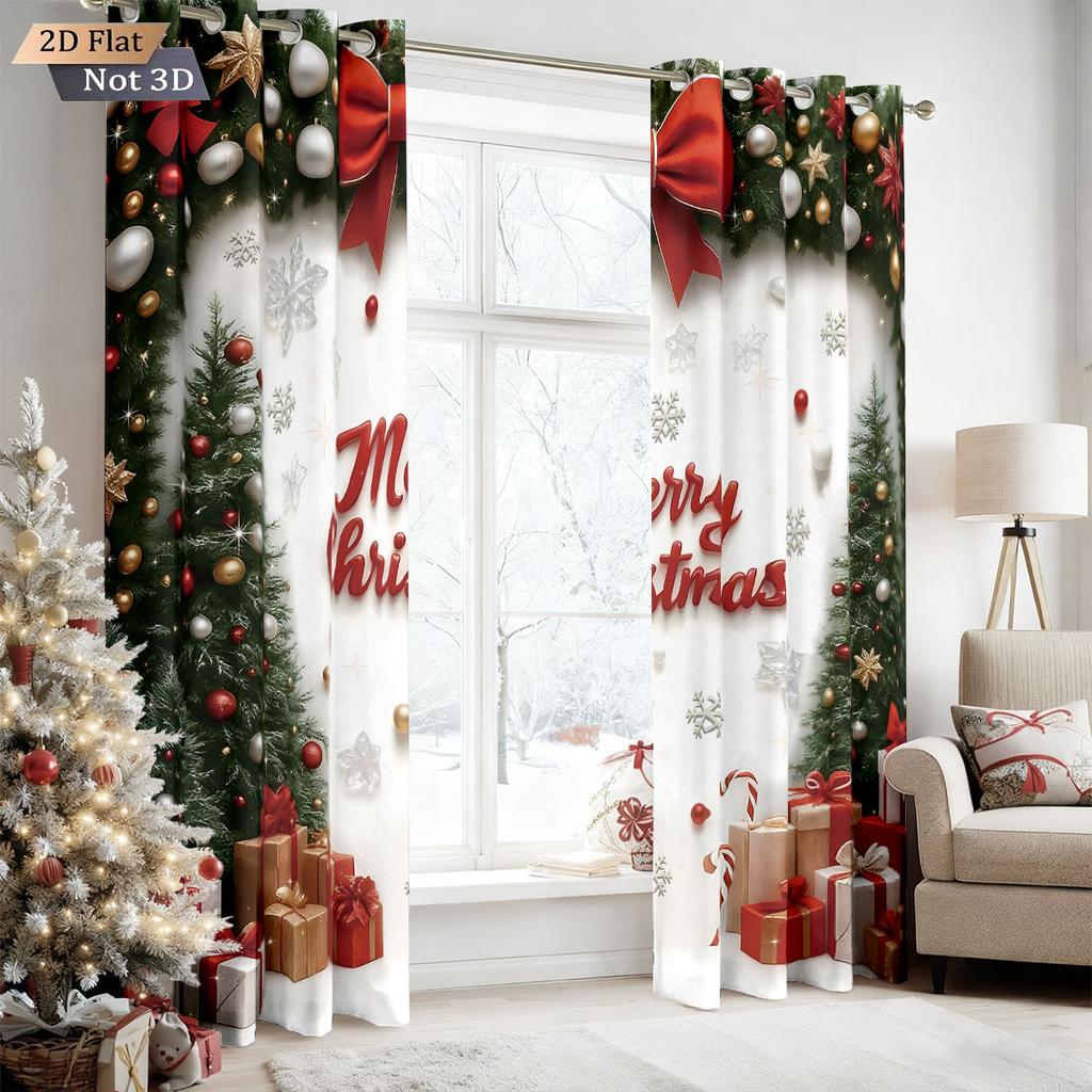 Set Of 2 Happy Christmas Tree Printed Perforated Curtains Multi Size Living Room Insulation Festival Decoration Curtain With Light Blocking Polyester