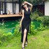 Summer new fashion temperament slim waist French design striped strap split dress