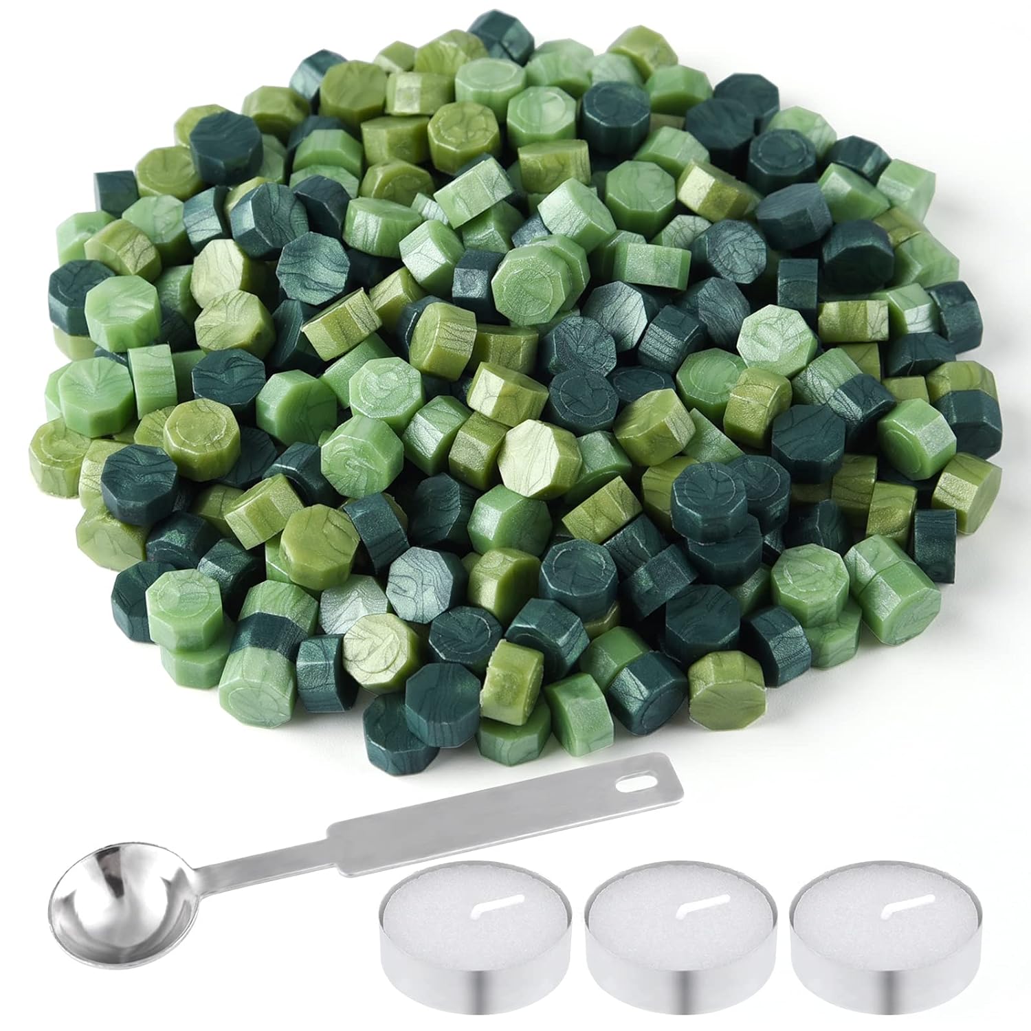 

300pcs Green Mix Octagon Sealing Wax Beads with 3 Tealight Candles and 1 Wax Melting Spoon with Retail Box for Wax Stamp Sealing