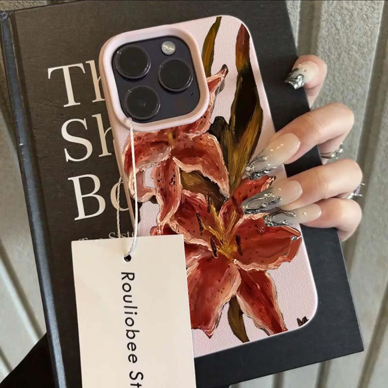 Oil Painting of Pink Lilies Lichee Leather Pattern Phone Case For Infinix Hot 50 40 30 12 Play Pro Plus 4G 5G Shockproof Cover