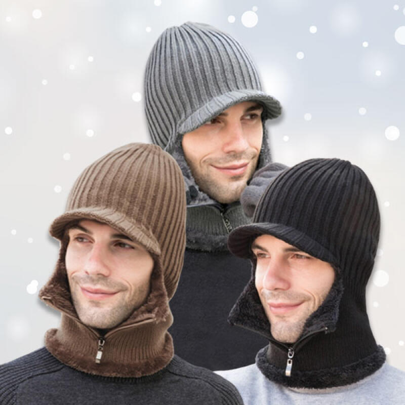 Zipper-open neck warmer brim hat (for men) (3 colors)