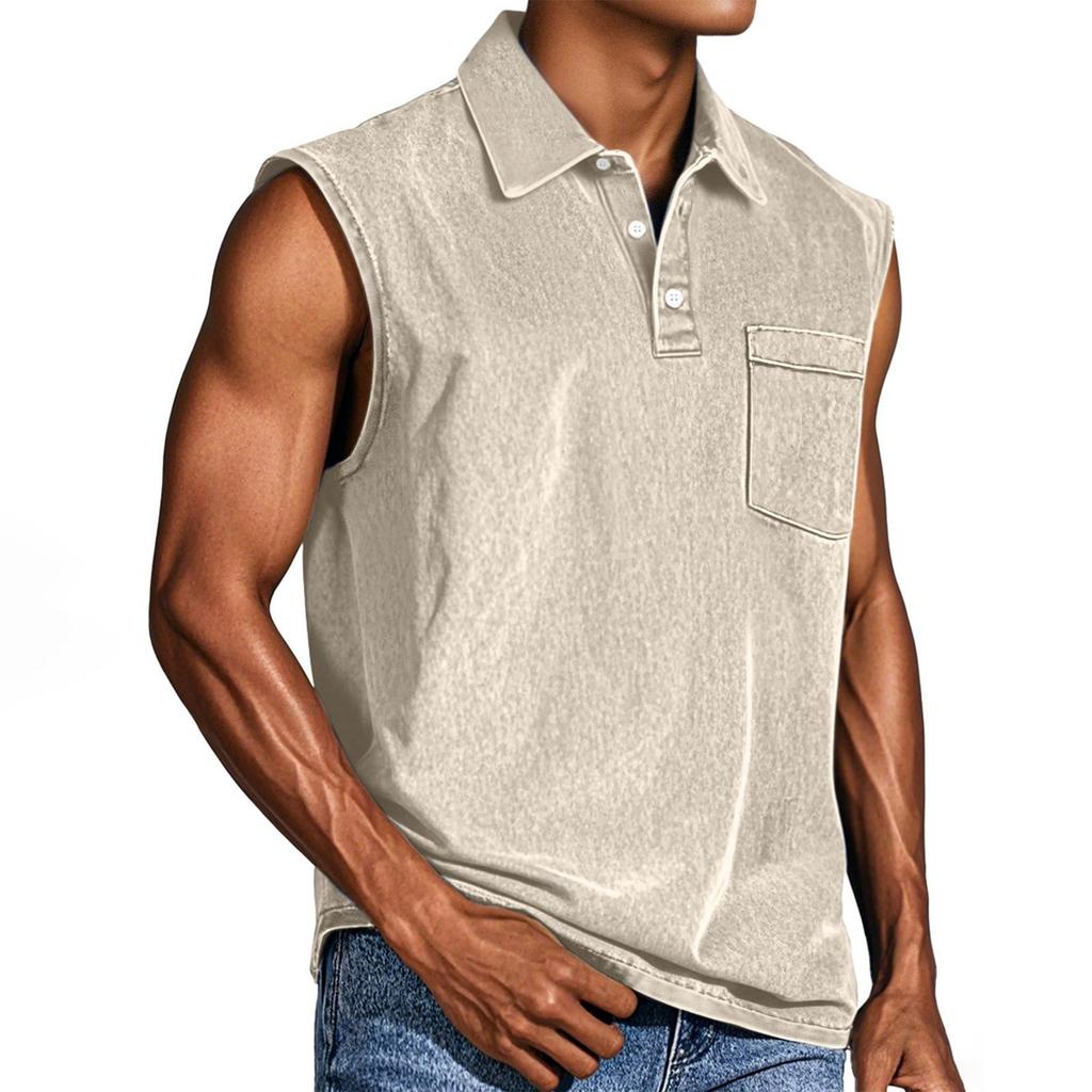 Men's Summer Solid Color Sports Pocket Buttons Lapel Vest Men's Sports Casual Vest