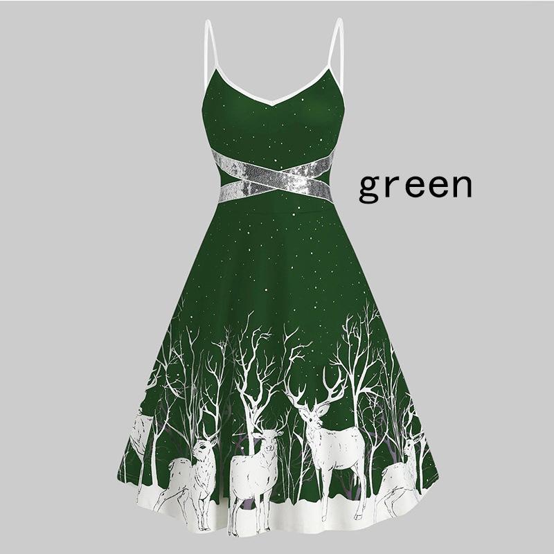 New Fashion Women Christmas Autumn and Winter Fashion Christmas Elk Printing Spaghetti Strap Sequins Party Dresses V Neck Tunic Christmas Swing Dress