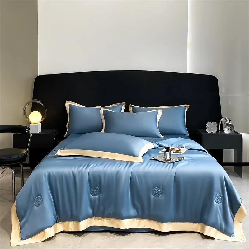 100% Washed Silk Quilt For Summer Embroidery Smooth Ice Cooling Bedspread Silky Blanket For Beds Luxury Summer Comforter For Bed