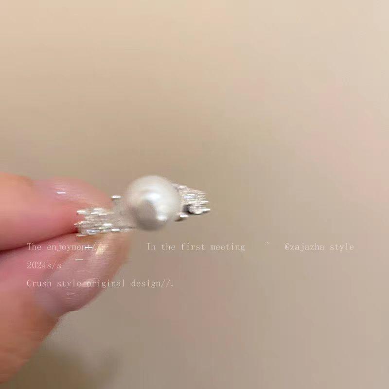 Pearl Zircon Open Ring Women'S French Index Finger Ring Niche Design Light Luxury High-End Ring