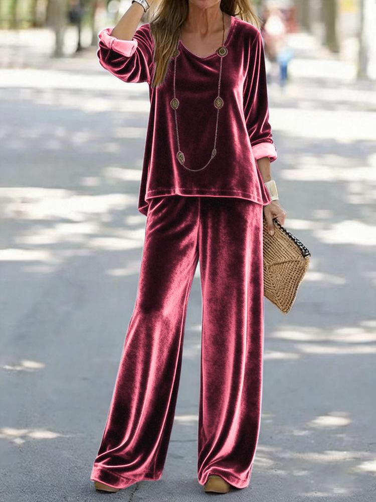 2025 foreign trade cross-border new women's clothing, casual V-neck pullover, long sleeves and trousers, velvet multi-color women's suit