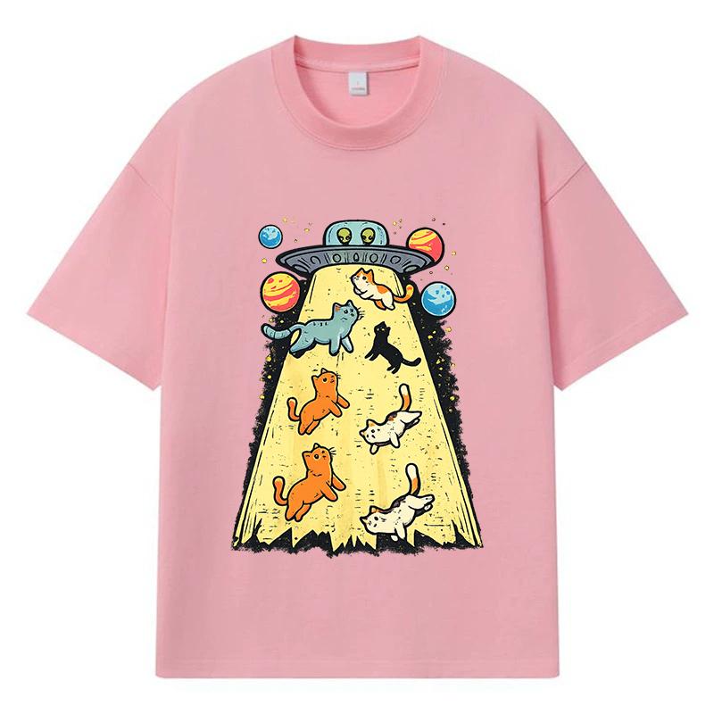 2026 Cats Abducted By UFO Printed Graphic Y2k Harajuku 100% Cotton T Shirt Casual Oversized Summer Men T-shirt